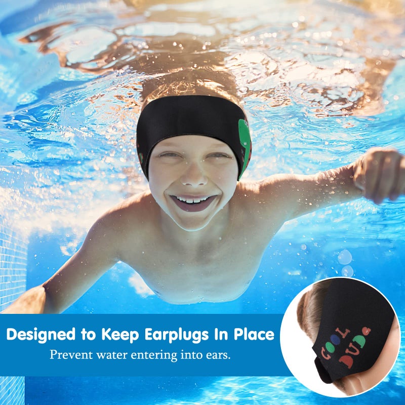 HeySplash رباط رأس للسباحة من HeySplash، سدادات أذن للسباحة للأطفال، حزام أذن لحماية آذان السباحين، واقي أذن من النيوبرين المرن، واقي شعر للأطفال والبالغين، يمنع دخول الماء، يحافظ على سدادات الأذن، متوسط، أسود - Image 3